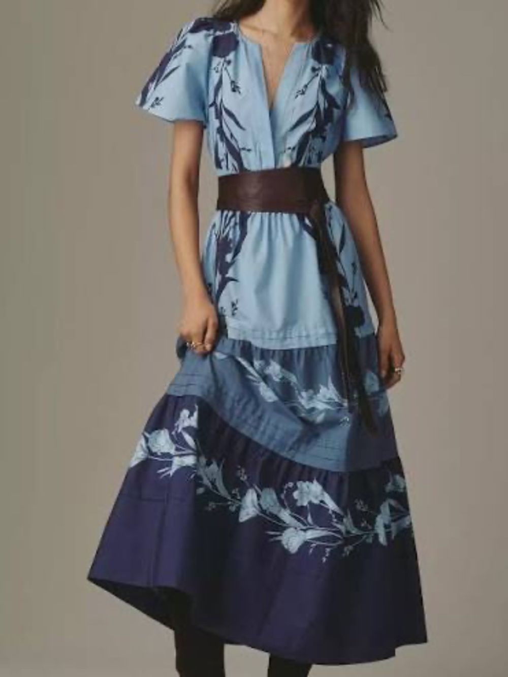 Anthropologie Blue Floral Tiered Maxi Dress